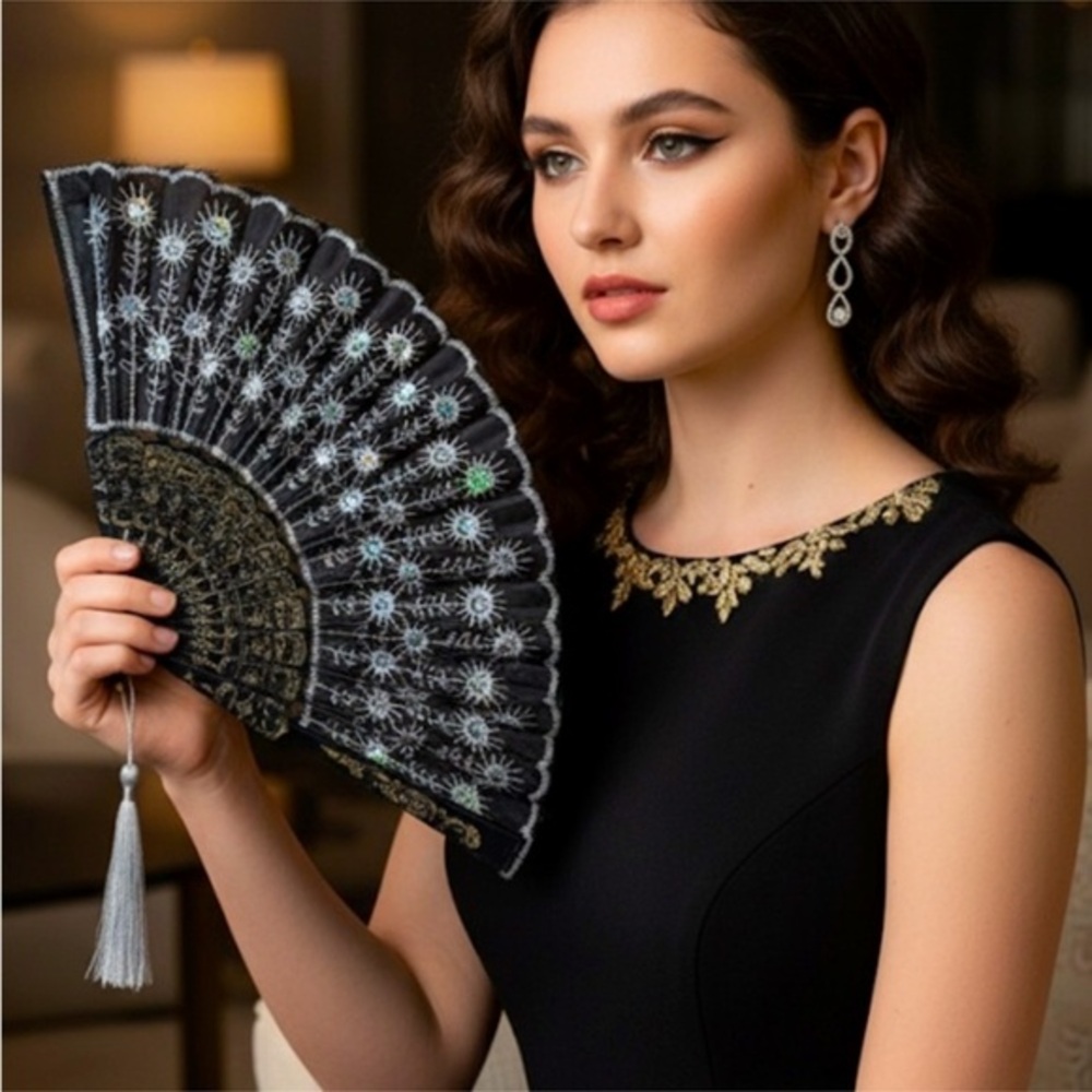 ✨Elegant Black Hand Fan with Silver Embroidery